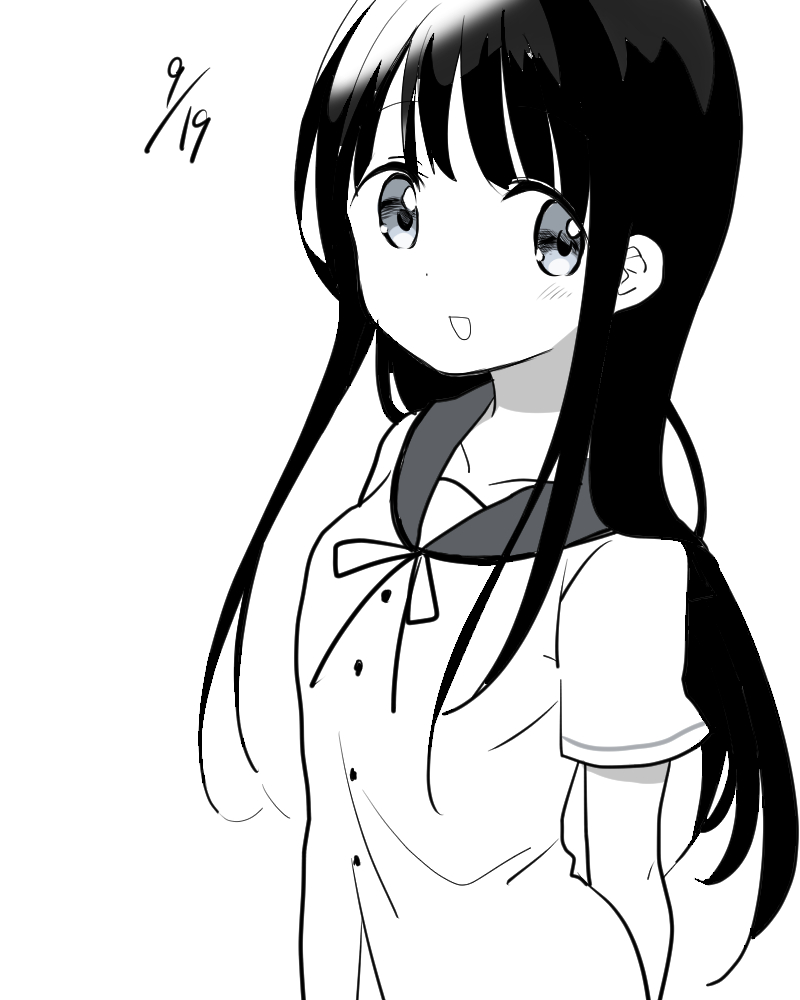 1girl, :d, bangs, blouse, blunt_bangs, breasts, buttons, collarbone