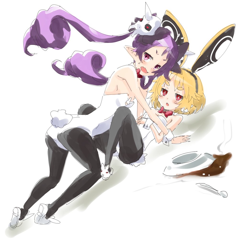2girls, animal_ears, blonde_hair, blush, bunny_girl, bunny_tail, bunnysuit, disgaea