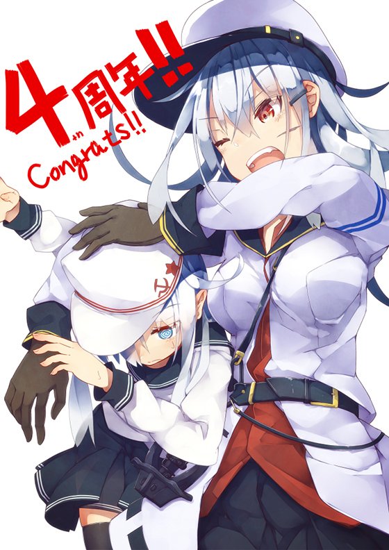2girls, anchor_symbol, belt, black_legwear, black_skirt, blue_eyes, flat_cap, gangut_(kantai_collection)