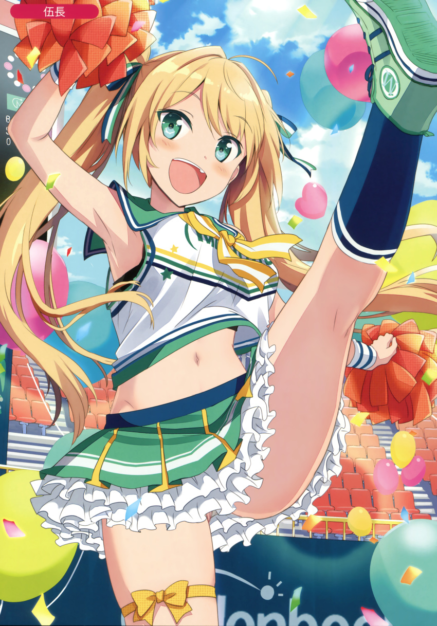 1girl, :d, absurdres, ahoge, bangs, bendy, bleachers, blonde_hair