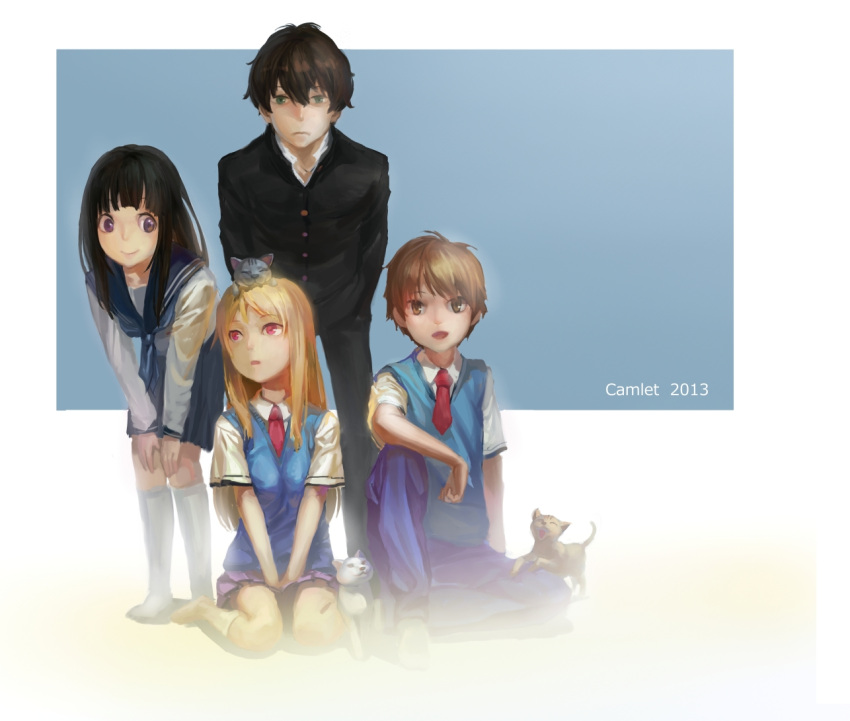 2013, 2boys, 2girls, animal, ascii_media_works, black_hair, blonde_hair, broadcaster_connection