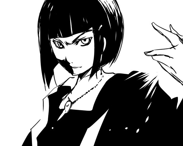 1girl, bangs, blunt_bangs, bob_cut, dante_(fma), dress, fullmetal_alchemist, lowres, lyra, monochrome, necklace, short_hair, sketch, solo