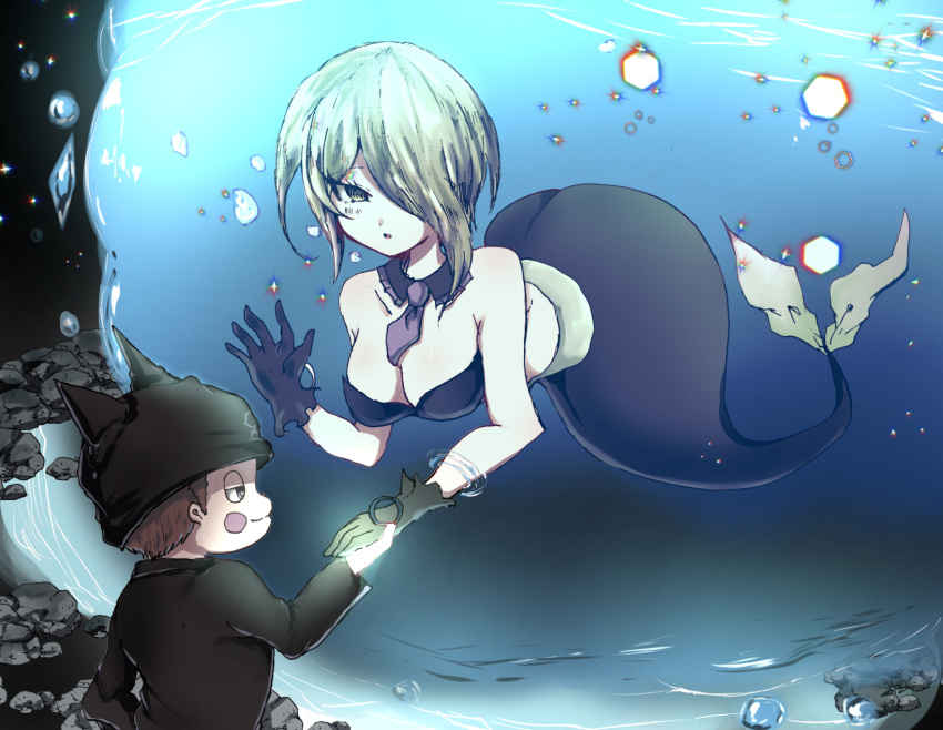 1boy, 1girl, bare_arms, black_gloves, blush_stickers, breasts, brown_hair, bubble, cat_hat, cleavage, dangan_ronpa, detached_collar, gloves, green_eyes, green_hair, grey_eyes, hair_over_one_eye, half-closed_eyes, hand_holding, hat, hoshi_ryouma, jacket, leather_jacket, looking_at_another, mermaid, necktie, new_dangan_ronpa_v3, open_mouth, rock, short_hair, sparkle, toujou_kirumi, underwater, water