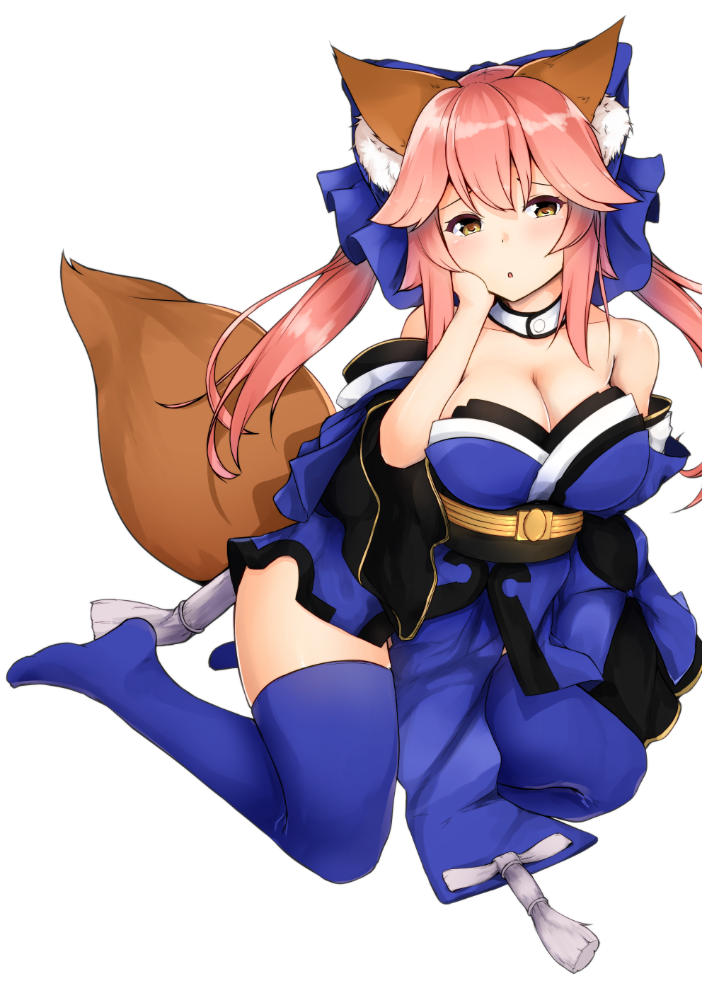 1girl, animal_ears, arm_support, bangs, black_legwear, bow, breasts, chestnut_mouth
