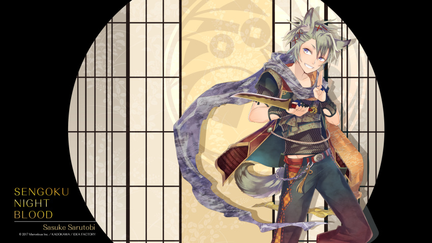 blue_eyes, green_hair, kuroyuki, sarutobi_sasuke_(sengoku_night_blood), sengoku_night_blood