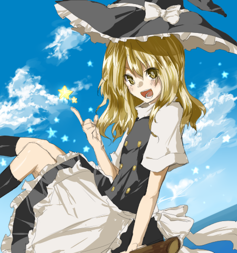 blonde_hair, broom, broom_riding, hat, kame, kirisame_marisa, lowres, solo