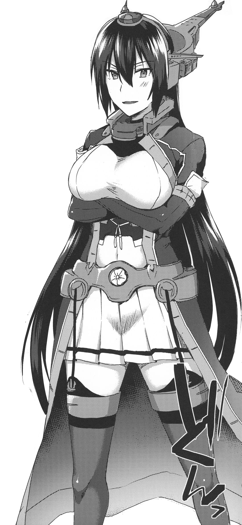 1girl, black_hair, black_jacket, breasts, brown_eyes, collar, crossed_arms, garter_strap