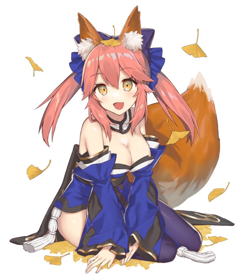 1girl, :d, animal_ear_fluff, animal_ears, bangs, blue_kimono, breasts, brown_eyes