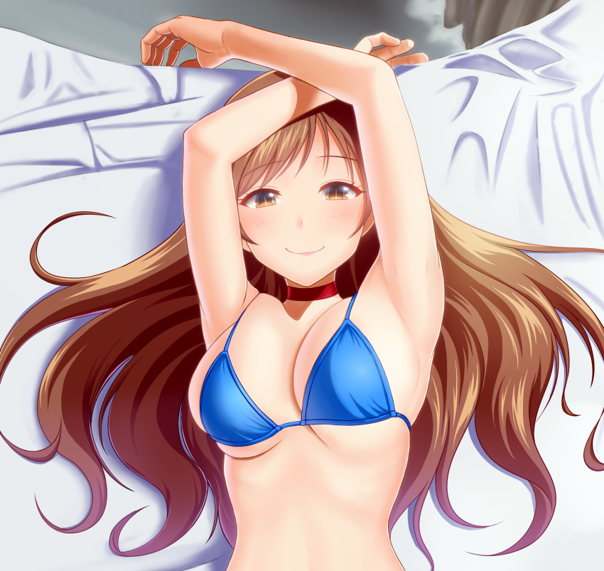 armpits, arms_above_head, arms_up, bikini, brown_eyes, brown_hair, choker, face_up, long_hair, lying, nitta_minami