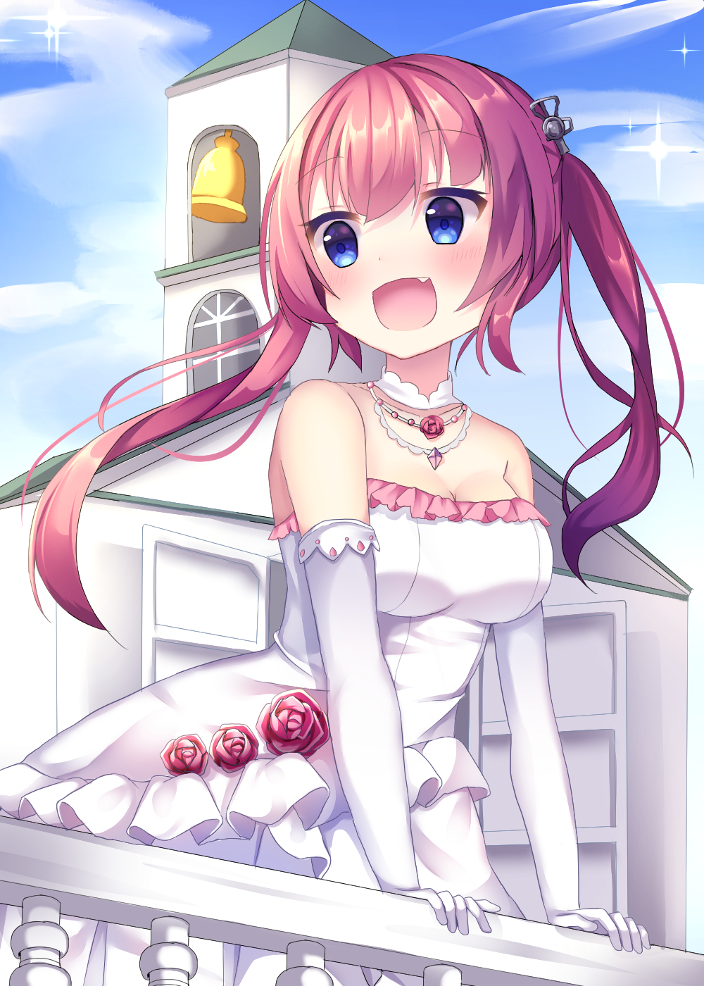 1girl, azur_lane, balcony, bell, blue_eyes, blush, church, church_bell, collar, dress, fang, flower, gloves, happy, long_hair, necklace, open_mouth, pink_hair, red_hair, rose, san_diego_(azur_lane), sky, solo, sparkles, tsuruse, twintails, wedding_dress