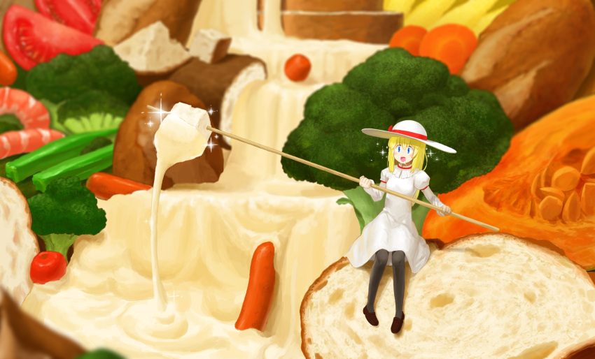 1girl, bangs, blonde_hair, blue_eyes, blush, bow, bread, broccoli