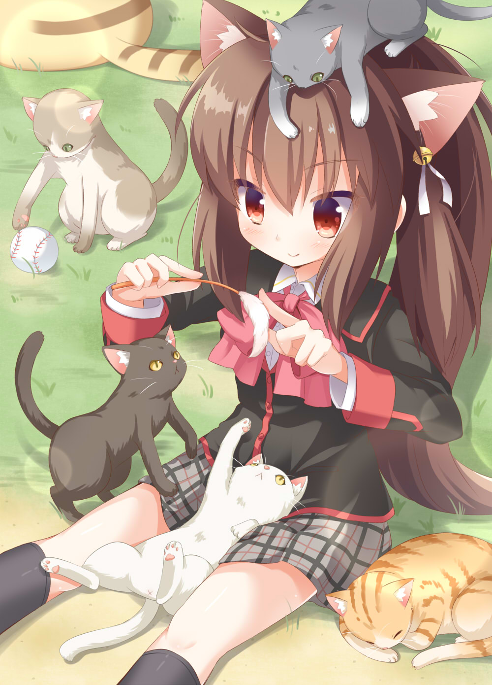1girl, animal, animal_ears, animal_on_head, baseball, black_legwear, blazer, bow, brown_eyes, brown_hair, cat, cat_ears, cat_on_head, cat_teaser, commentary_request, doruji, grass, grey_skirt, highres, holding, jacket, kemonomimi_mode, kneehighs, lennon, little_busters!!, long_hair, momoniku_(taretare-13), natsume_rin, on_head, pink_bow, plaid, plaid_skirt, pleated_skirt, ponytail, red_eyes, revision, school_uniform, sitting, skirt, smile, solo, too_many, too_many_cats