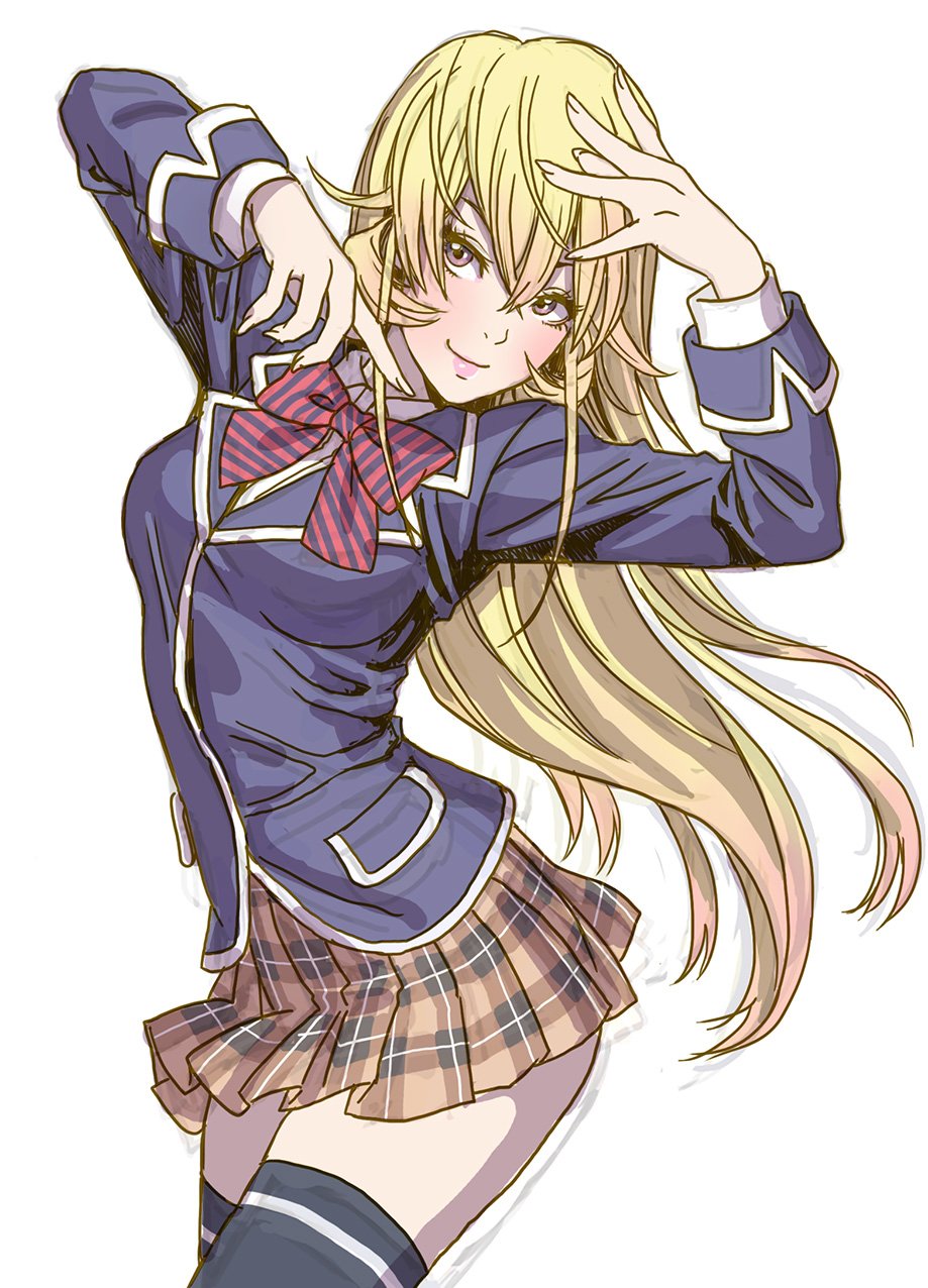 1girl, bangs, blazer, blonde_hair, bow, bowtie, breasts, checkered