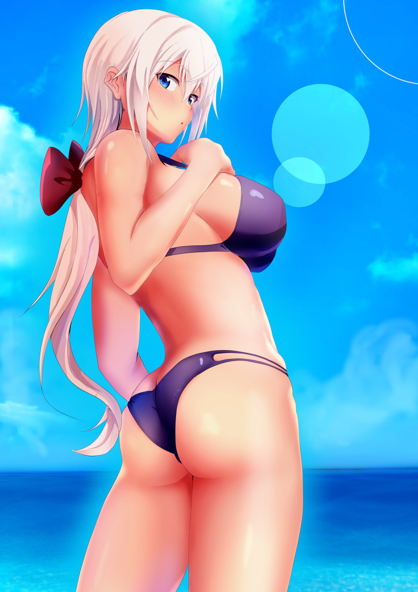 1girl, absurdres, architect, ass, bikini, blue_eyes, blue_sky, blush