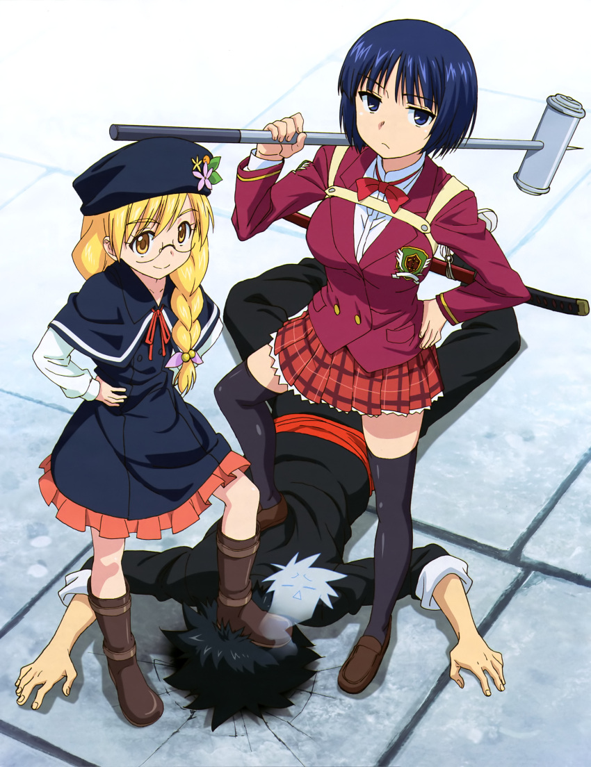 1boy, 2girls, absurdres, beret, black_hair, blonde_hair, braid, glasses