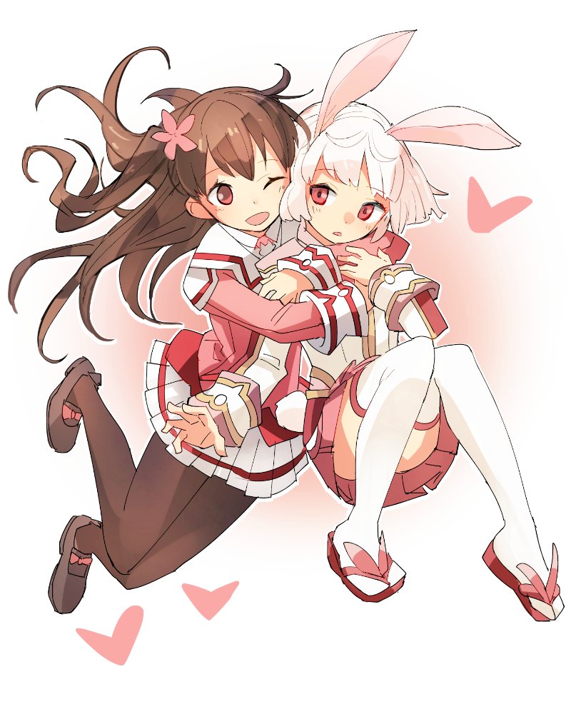 2girls, animal_ears, blush, brown_hair, bunny_tail, eyebrows, eyebrows_visible_through_hair, flat_chest