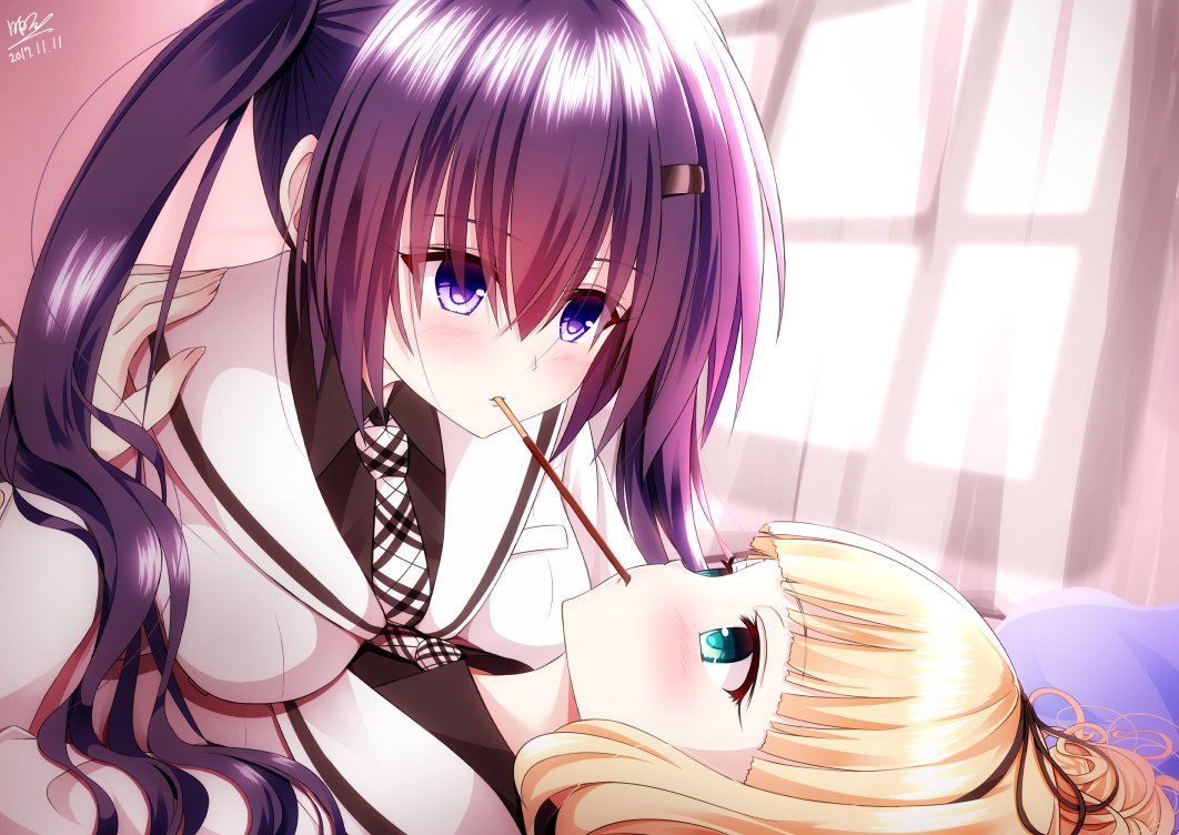 2girls, aqua_eyes, black_shirt, blazer, blonde_hair, blush, breasts, collared_shirt