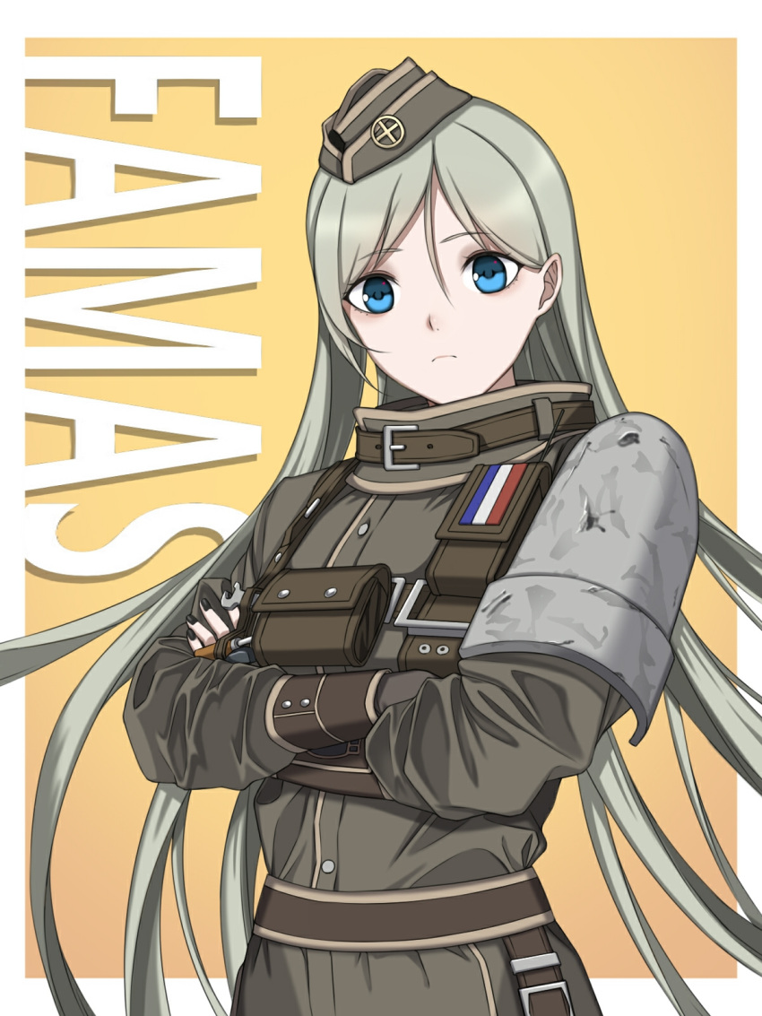 1girl, armor, belt, black_nails, blue_eyes, character_name, closed_mouth, crossed_arms, er_huaa, eyebrows_visible_through_hair, famas_(girls_frontline), french_flag, frown, garrison_cap, girls_frontline, green_hair, hair_between_eyes, hat, head_tilt, highres, long_hair, nail_polish, solo, very_long_hair, yellow_background