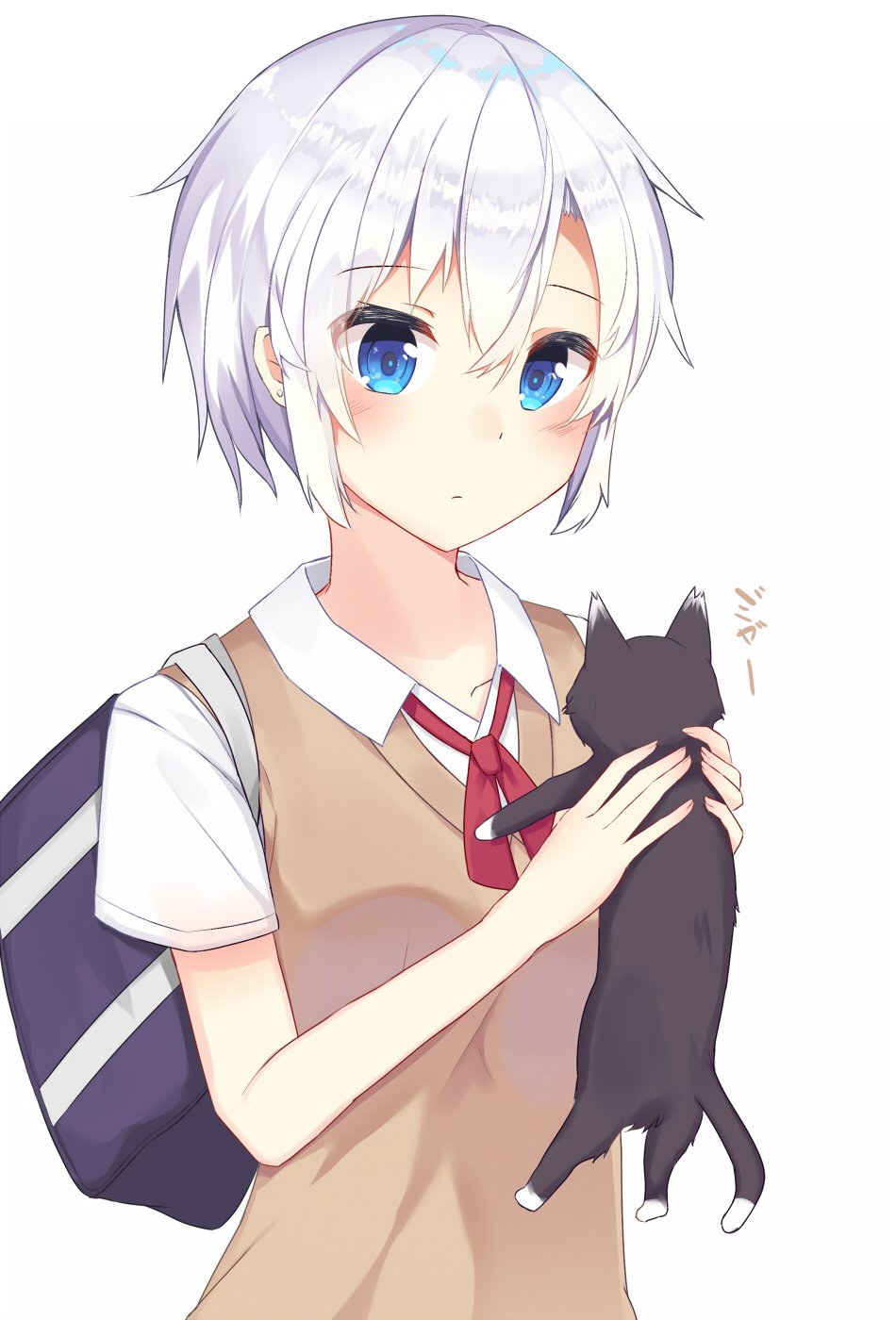 1girl, bag, bangs, black_cat, blue_eyes, blush, cat, closed_mouth