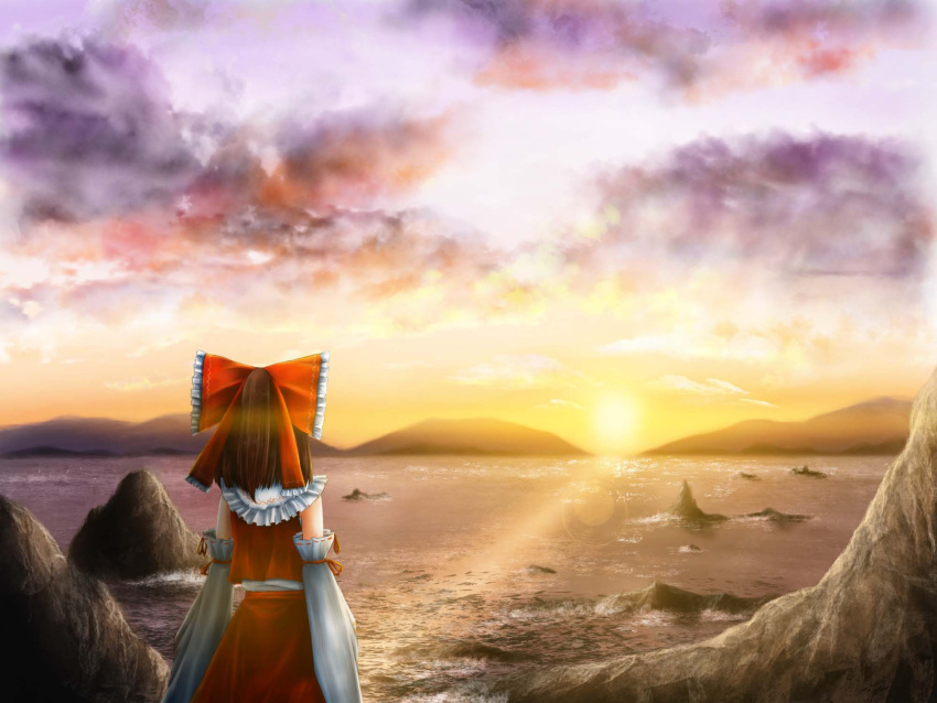 1girl, aihashi_i, bow, clouds, detached_sleeves, hair_bow, hakurei_reimu, highres