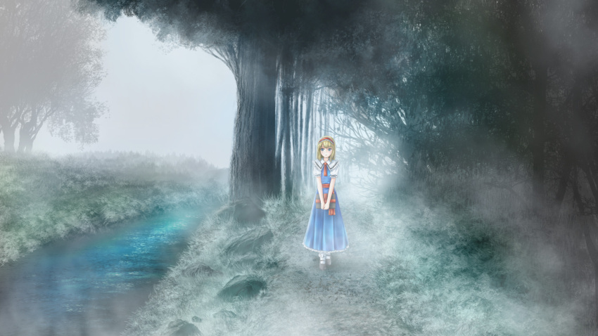 1girl, aihashi_i, alice_margatroid, book, capelet, dress, fog, forest