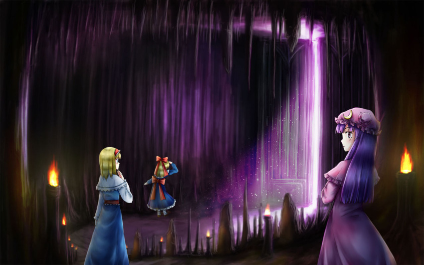 3girls, aihashi_i, alice_margatroid, blonde_hair, capelet, cave, crescent, dress, gate, hat, hat_ornament, makai_(touhou), multiple_girls, patchouli_knowledge, purple_hair, scenery, shanghai_doll, stalactite, stalagmite, torch, touhou