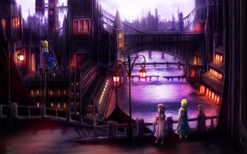 4girls, aihashi_i, alice_margatroid, alice_margatroid_(pc-98), blonde_hair, bridge, building, capelet