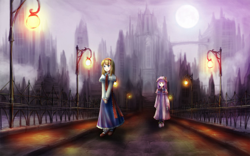 2girls, aihashi_i, alice_margatroid, blonde_hair, bridge, capelet, crescent, dress