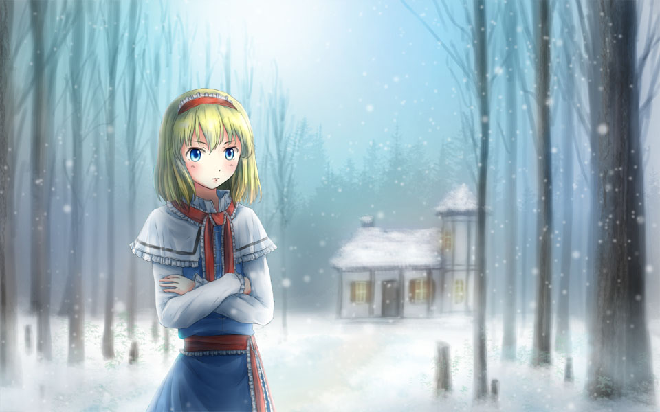 1girl, aihashi_i, alice_margatroid, blonde_hair, blue_eyes, blush, capelet, crossed_arms