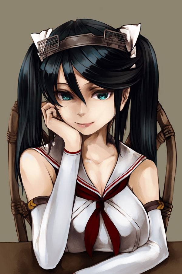 1girl, aqua_eyes, arm_on_table, bcrow, black_hair, breasts, chair, cleavage