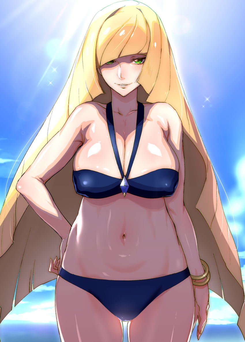 1girl, arm_at_side, bangs, bikini, blue_bikini, blush, bracelet, breasts