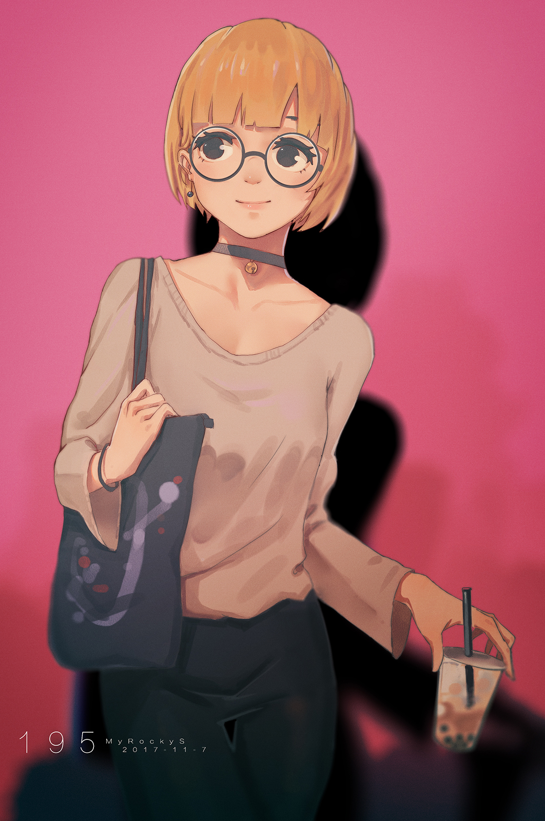 1girl, artist_name, bag, bangs, bell, black_eyes, blonde_hair, blunt_bangs