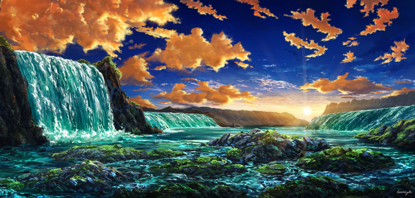 cliff, clouds, commentary, hasumi_yuuki, light_rays, nature, no_humans, original