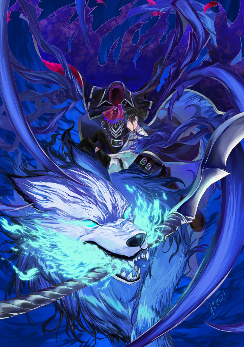 belt, blood, blood_on_face, blue_fire, breathing_fire, cape, cravat, cz-j, darkness, fate/grand_order, fate_(series), fire, fujimaru_ritsuka_(male), glowing, glowing_eyes, headless, hessian_(fate/grand_order), hook_swords, injury, lobo_(fate/grand_order), mouth_hold, signature, wolf