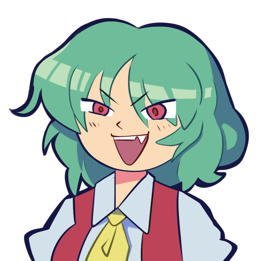 1girl, ascot, flat_color, green_hair, kazami_yuuka, open_mouth, red_eyes, seihou