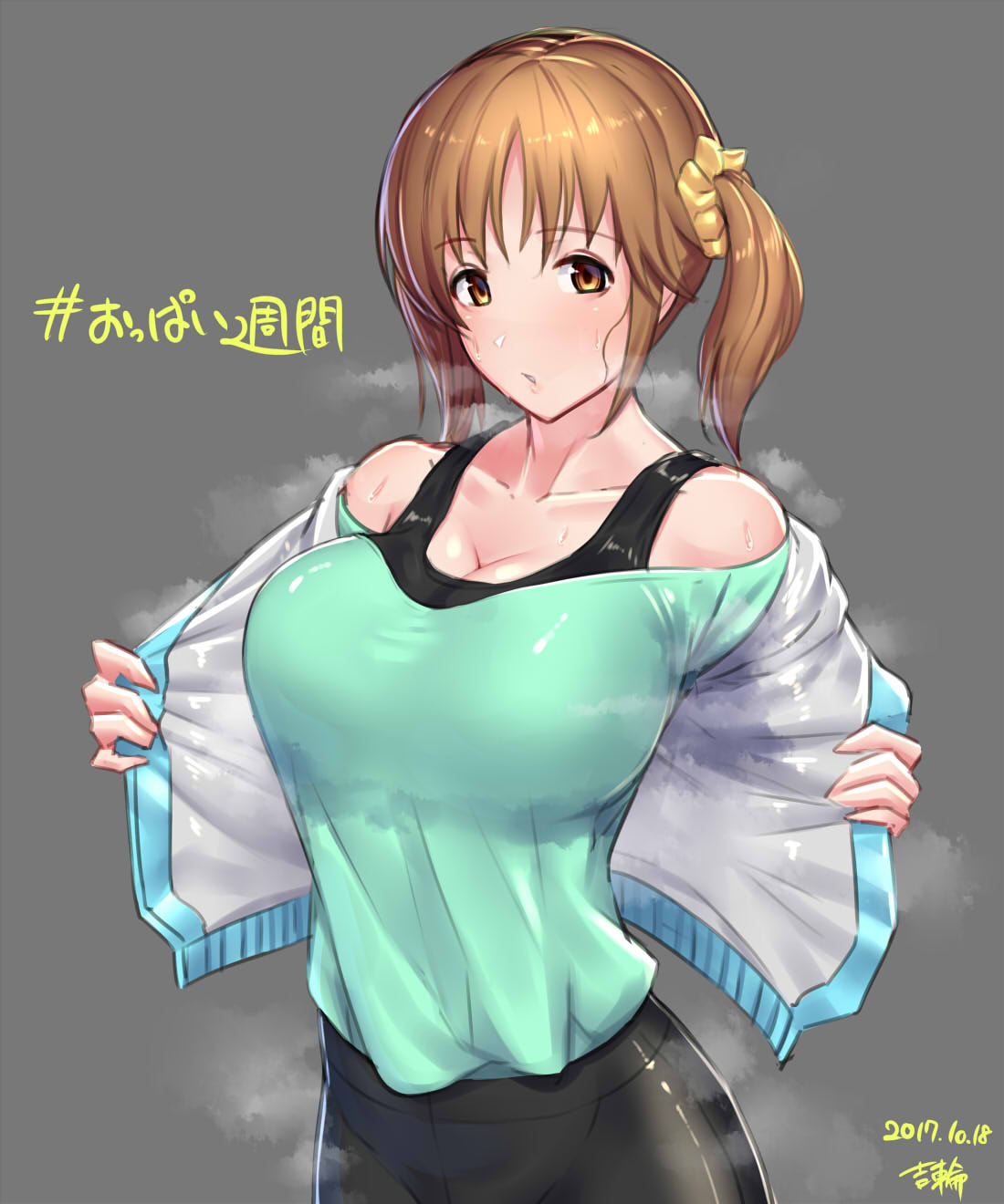 1girl, artist_name, bare_shoulders, breasts, brown_eyes, brown_hair, cleavage, collarbone