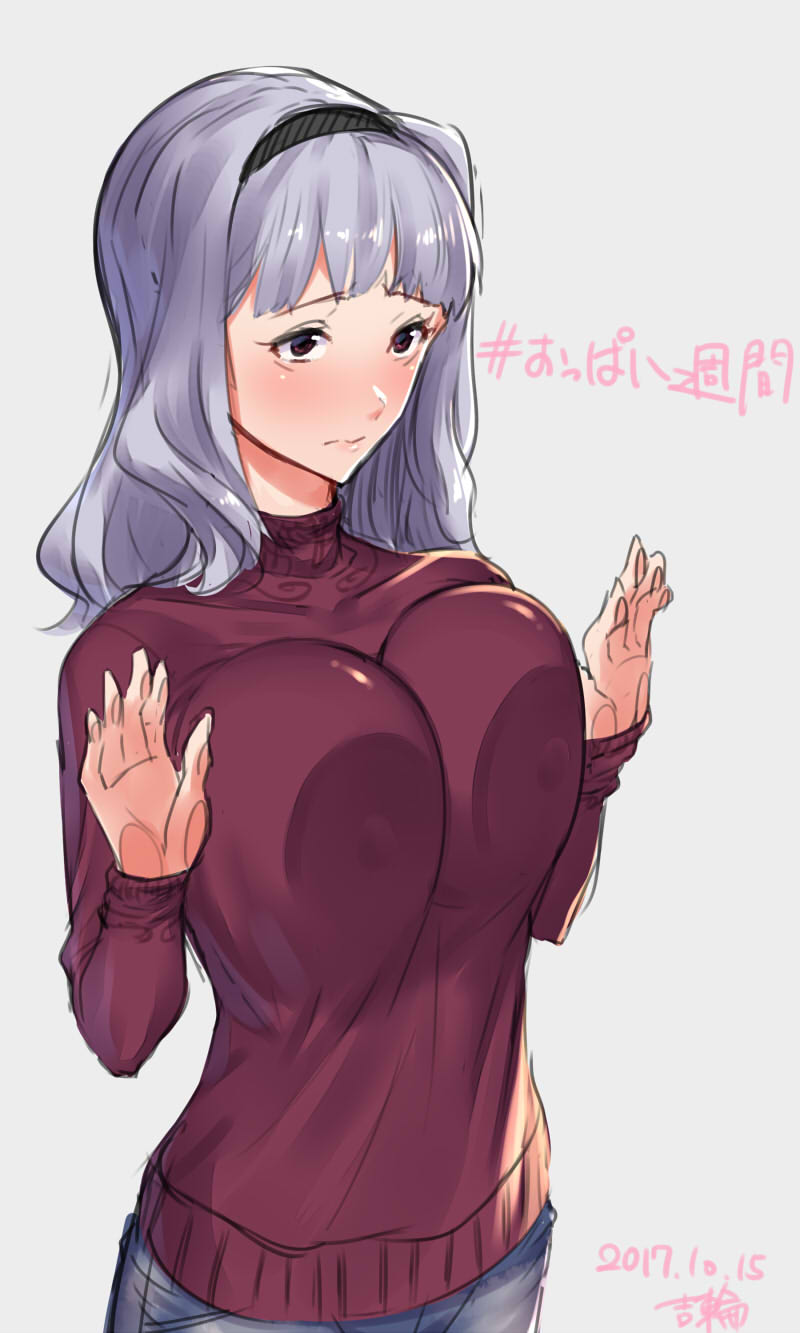 1girl, artist_name, blush, breast_press, breasts, brown_eyes, dated, denim