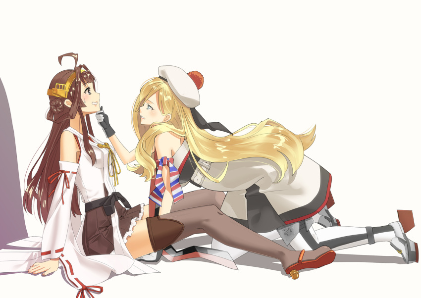 2girls, ahoge, armband, bare_shoulders, beret, black_skirt, blonde_hair, blue_eyes