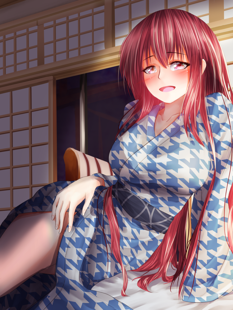 1girl, blush, japanese_clothes, kimono, legs, long_hair, looking_at_viewer, okazaki_yumemi