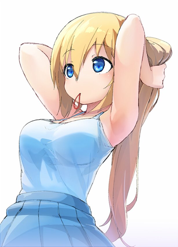 1girl, armpits, arms_behind_head, arms_up, bangs, bare_arms, blend_s, blonde_hair