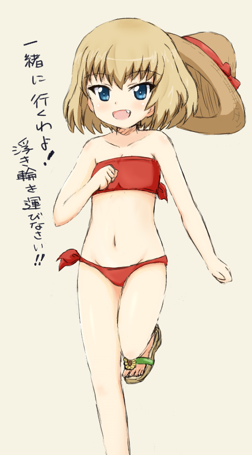 1girl, bandeau, bikini, blonde_hair, blue_eyes, cowboy_shot, fang, girls_und_panzer