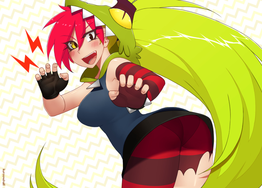 1girl, :d, animal_hood, ass, asymmetrical_gloves, bare_shoulders, bent_over, black_eyes, black_skirt, demencia, fingerless_gloves, gloves, green_hair, heterochromia, hood, kuroonehalf, long_hair, looking_at_viewer, looking_back, miniskirt, multicolored_hair, open_mouth, panties, panties_under_pantyhose, pantyhose, pink_hair, red_legwear, red_panties, skirt, smile, solo, striped, striped_legwear, torn_clothes, torn_pantyhose, two-tone_hair, underwear, very_long_hair, villainous, yellow_eyes
