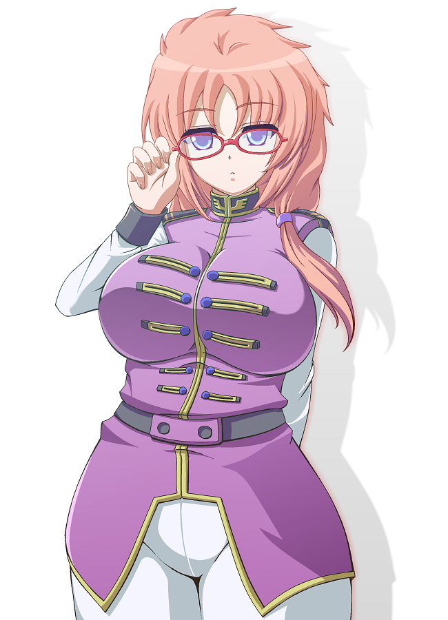 1girl, adjusting_eyewear, belt, bespectacled, breasts, epaulettes, frown, glasses