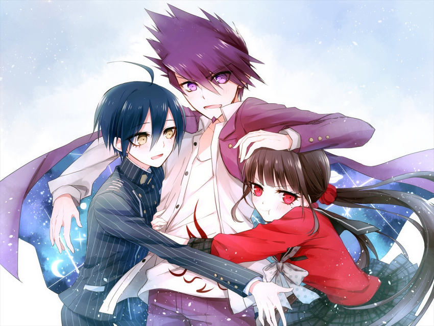1girl, 2boys, beard, black_pants, black_shirt, black_skirt, danganronpa_(series), danganronpa_v3:_killing_harmony, dress_shirt, eyebrows_visible_through_hair, facial_hair, hair_between_eyes, hand_on_another's_head, harukawa_maki, hug, jacket, miniskirt, momota_kaito, multiple_boys, new_dangan_ronpa_v3, open_clothes, open_jacket, open_mouth, open_shirt, pants, pleated_skirt, purple_hair, purple_jacket, purple_pants, red_serafuku, red_shirt, saihara_shuichi, sano_(merrymerry), shirt, skirt, spiky_hair, spoilers, standing, striped, striped_shirt, vertical-striped_pants, vertical-striped_shirt, vertical_stripes, violet_eyes, white_shirt