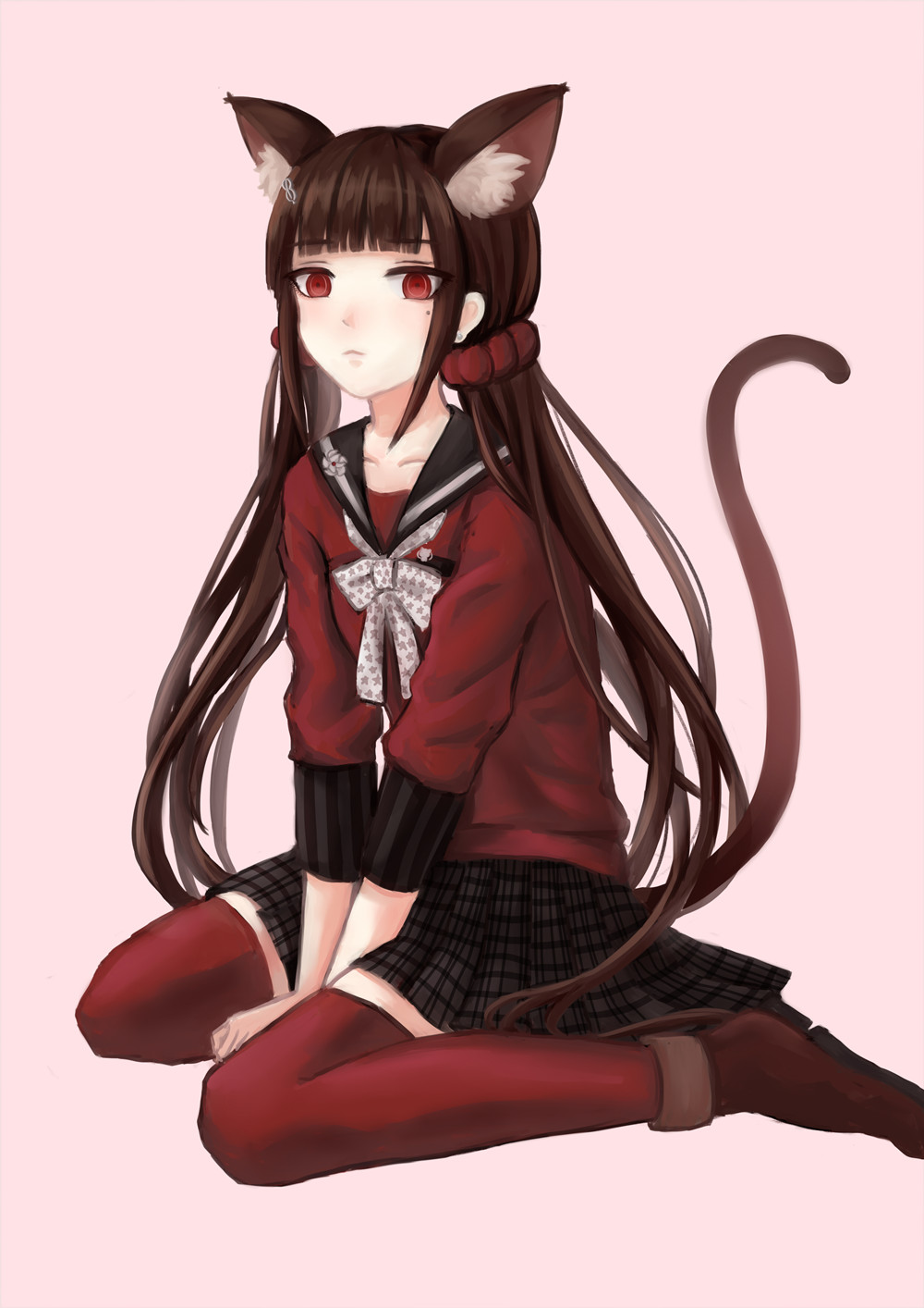 1girl, animal_ears, between_legs, black_skirt, brown_hair, cat_ears, cat_tail, collarbone