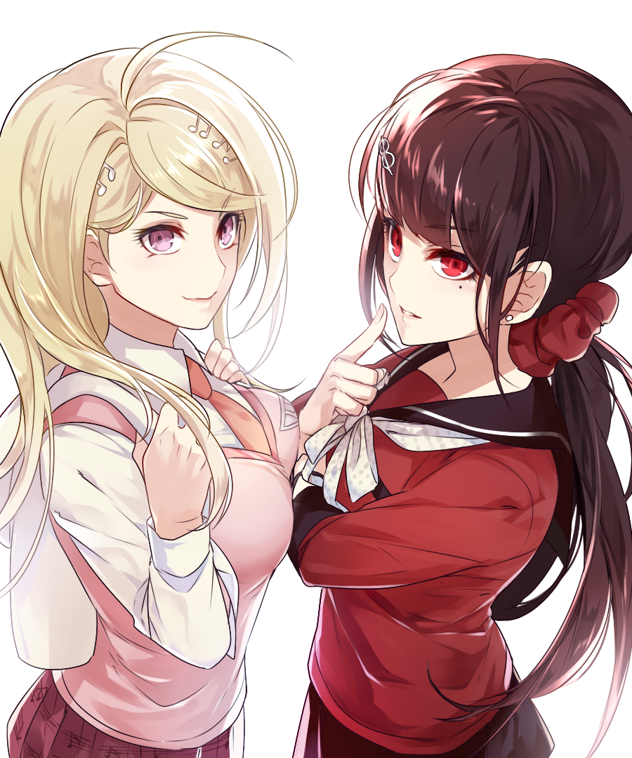 2girls, ahoge, akamatsu_kaede, asymmetrical_docking, black_hair, black_skirt, blonde_hair, breast_press