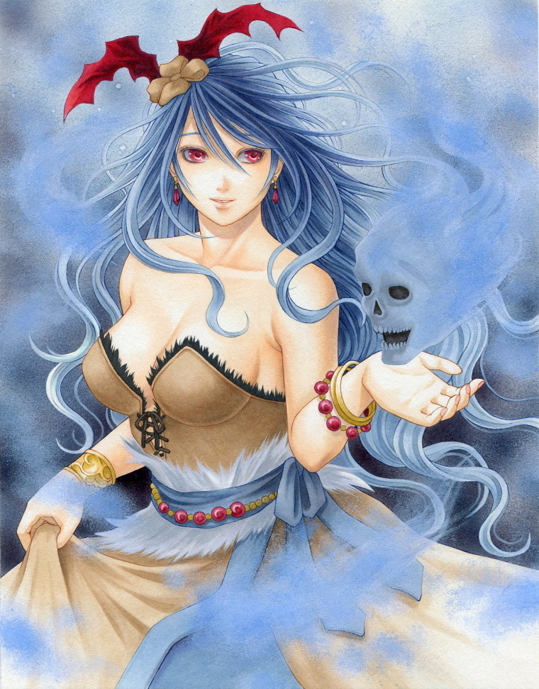 1girl, bare_shoulders, blue_hair, breasts, cleavage, hair_ornament, juliejulie, long_hair