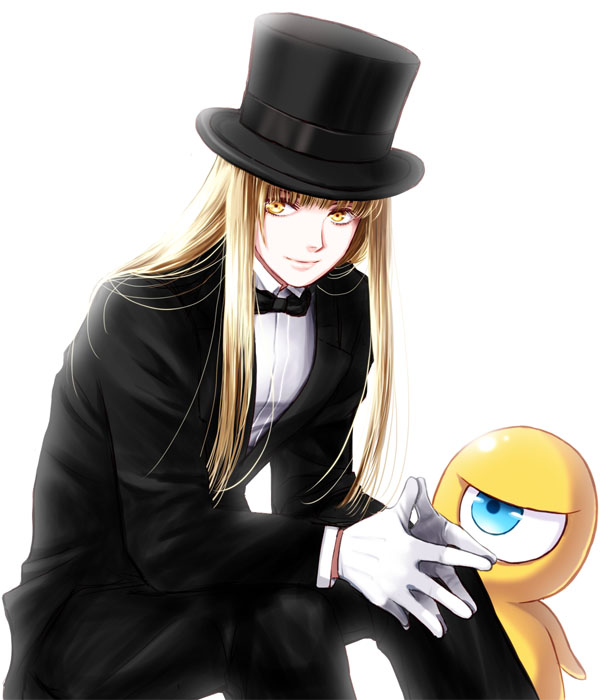blonde_hair, bow, bowtie, creator_(saga), crossover, gloves, hat, long_hair, maronee_san, multiple_boys, saga, saga_1, saga_2, solo, teacher_(saga_2), top_hat, yellow_eyes