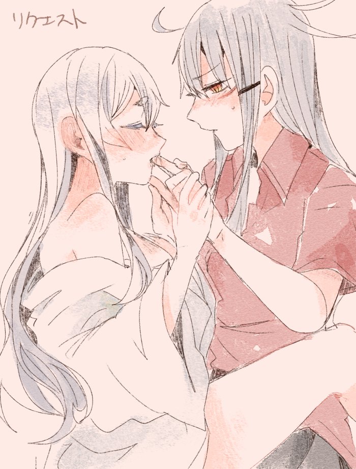 2girls, blush, closed_eyes, comic, gangut_(kantai_collection), grey_hair, hair_between_eyes, hair_ornament