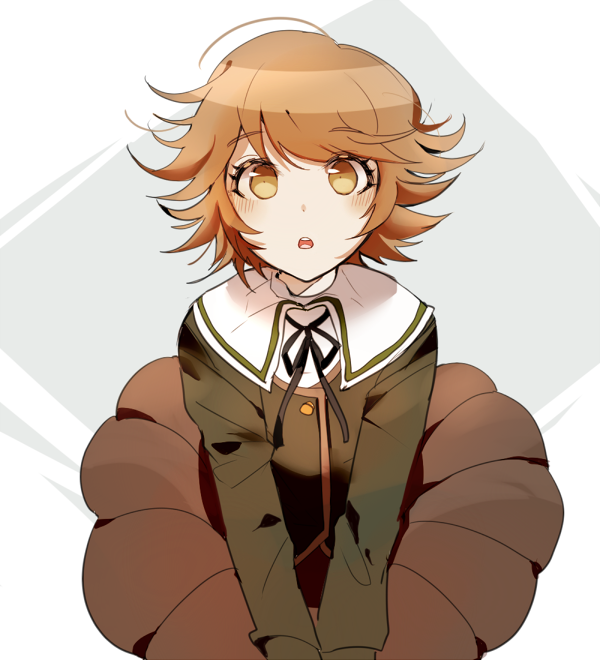 1boy, blush, brown_eyes, brown_hair, crossdressinging, dangan_ronpa, dangan_ronpa_1, fujisaki_chihiro, gb_(jat_gombee), male_focus, school_uniform, skirt, solo, trap